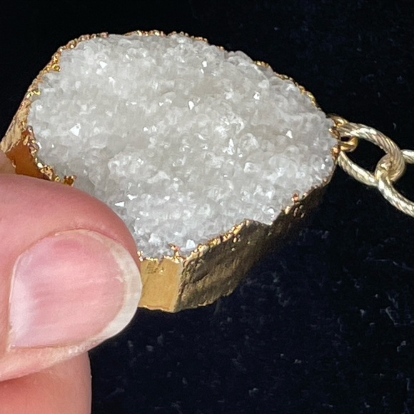 Geode Crystal Necklace with White Pendant and Gold Tone Dangles - Picture 3 of 12
